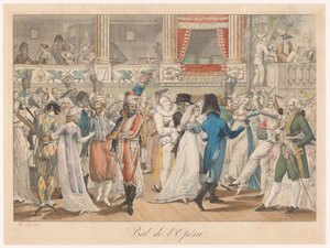 Bola de la compra
Bola de ópera (título en el objeto)
Cinco cuadros de trajes parisinos (título de la serie)