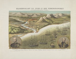 Vista de Aceh durante la segunda expedición a Aceh, 1873-1874
Mapa de asedio de Atchin y sus defensas. (Vista de pájaro.) (título en el objeto)