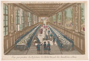 Vista del comedor del Hôtel des Invalides de París con una compañía en una comida
Vue perspective du refectoire de l