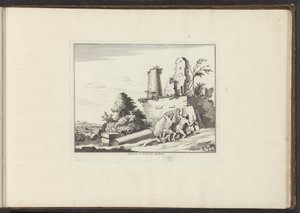 Vista de las ruinas de la tumba de Horatii y Curatii en Roma Horatiorum et Curatiorum Sepulchrum (título sobre el objeto) Palacios y Monumentos de Venecia, Livorno, Nápoles y Roma (título de la serie) de Anonymous