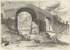 Vista de un puente desde la ciudad de Segovia Pons Segouiae en Hispania (título sobre objeto) Prospecto de Ruinarum varii (título de la serie)