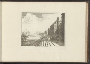 Vista de un muelle en Venecia con el león de San Marcos en una columna Veue dela Dogna à Venise pres de St. Marc (título sobre el objeto) Palacios y Monumentos de Venecia, Livorno, Nápoles y Roma (título de la serie) de Anonymous