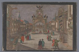 Vista de un arco de triunfo con un águila bicéfala y un busto retrato de José II, emperador alemán, en Fráncfort del Meno de Anonymous