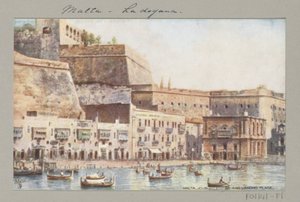 Vista de la costa de Malta con embarcadero y edificio de aduanas Malta. Aduana y lugar de aterrizaje (título sobre el objeto) de Anonymous