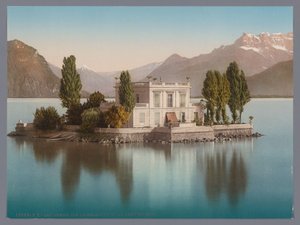 Vista de Île de Salagnon en el lago de Ginebra, al fondo los Dents du Midi lac Léman, Ile de Salagnon et la Dent du Midi (título sobre el objeto)