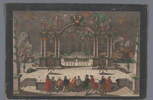 Vista de los fuegos artificiales y de un arco de triunfo con un águila bicéfala y el nombre de José II, emperador alemán de Anonymous