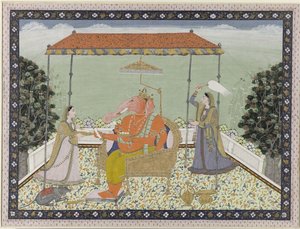 Dios Ganesa (Ganapati) con trompa de elefante con sus dos sirvientes Siddhi y Buddhi sentados bajo una barandilla