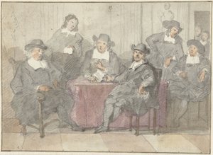 Retrato de grupo de seis caballeros sentados y de pie alrededor de una mesa de Anonymous