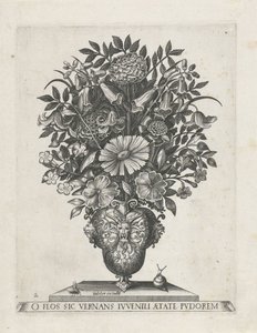 Jarrón grotesco con tres mascarons Jarrones con flores (título de la serie) de Anonymous
