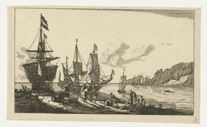 Puerto con veleros y marineros en el muelle de Anonymous