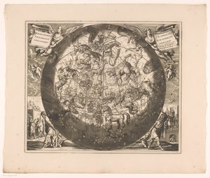 Mapa del cielo con las constelaciones del norte
Haemisphaerium stellatum boreale cum subiecto haemisphaerio terrestri (título en el objeto) de Anonymous