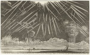 Fenómenos celestiales, 1729 Imagen de la vista Seldtzame Light and Sky, vista en la tarde del 16 de noviembre de 1729. Según la observación de Coenraadt Zumbach de Croesfeldt M.D. (título en el objeto)