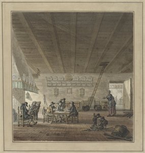 Interior de la posada con jugadores de cartas junto a una chimenea