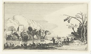 Pastor con cabras y ovejas junto a un río. Paisajes después de Esaias van de Velde (título de la serie) de Anonymous
