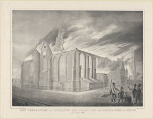 El incendio y el derrumbe de las torres de Groote-Kerk en Hoorn, el 3 de agosto de 1838 (título sobre el objeto)