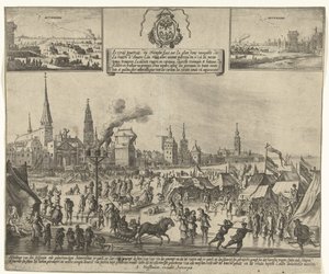 Entretenimiento sobre hielo en el Escalda congelado en Amberes, 1684 Le vray poutraict, du Triomphe faict sur la glace demy navigable, de la riviere d