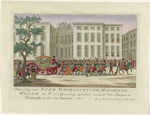 Adelantamiento del Príncipe de Orange, 1787 Adelantamiento de Zyne Serene Highness Willem den V. dibujado en La Haya por Burgers y Burgeressen, el 20 de septiembre de 1787 (título sobre el objeto) Grabados alemanes en color sobre los acontecimientos de de Anonymous