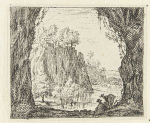 Paisaje italiano con cabras junto a un río. de Anonymous