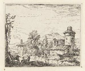 Paisaje italiano con torre redonda y dos cabras de Anonymous