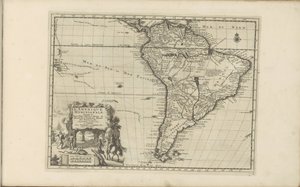 Kaart van Zuid-Amerika América del Sur, según las nuevas observaciones de Mess[ieu]rs of the Royal Academy of Sciences etc. Aumentado de nuevo (título en objeto) Las Indias Orientales y Occidentales y otros lugares (título de la serie) de Anonymous