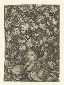 Niño junto a una calavera Decoraciones de superficie con enredaderas de hojas y niños (título de la serie)