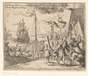 El rey James II parte con las tropas francesas de Brest a Irlanda, 1689 El King James sale de Brest acompañado del Conde d