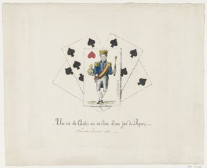 Koning Leopoldo I a partir de hartenkoning, 1831-1832 Un rey de cartas en medio de una baraja de picas (título sobre el objeto) de Anonymous