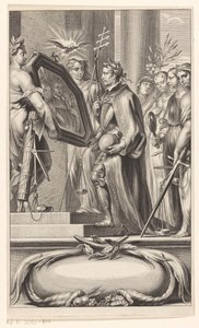 King es sostenido por un espejo por Justice and Faith Página de título para: Petrus Belluga y Camillo Borello, Speculum principum, 1655