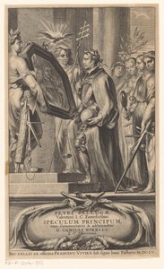 King es sostenido por un espejo por Justice and Faith Página de título para: Petrus Belluga y Camillo Borello, Speculum principum, 1655 de Anonymous