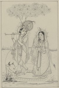 Krishna tocando una flauta y Radha
