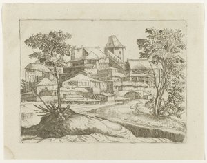 Paisaje con árboles y edificios. de Anonymous