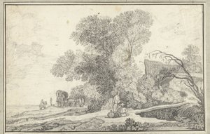 Paisaje con grupo de árboles y vagón cubierto de Anonymous