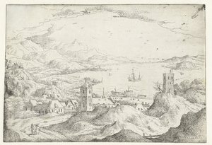 Paisaje con río ancho y pueblo. Siete paisajes (título de la serie) de Anonymous