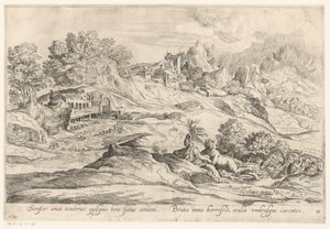Landschap conoció a minnend paar El que es fiel a su amante siempre ama la oscuridad, / El bruto todavía se estremecía, sus ojos carecían de sombras (título sobre objeto) Landschappen naar Domenico Campagnola (título de la serie) de Anonymous