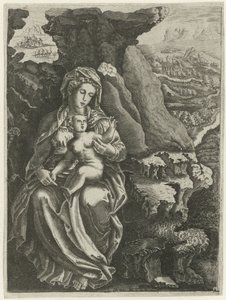 María con el Niño en un paisaje rocoso de Anonymous