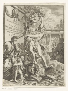 Minerva pisotea monstruo marino que escupe fuego Nuevo diccionario de bajo alemán y francés (título en el objeto) Página de título para: François Halma, Diccionario de lenguas holandesas y francesas, 1710 de Anonymous