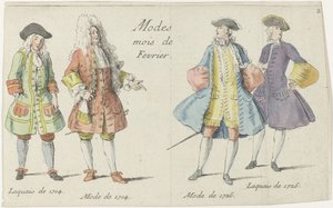 Modes Mois de Fevrier (título en el objeto)
Cuatro hombres vestidos a la moda de 1714 y 1726
Mercure de France (título de la serie) de Anonymous