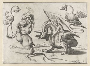 Monstruo con trompeta y especie de grulla Figuras grotescas rodeadas por una línea de encuadre (título de la serie) de Anonymous