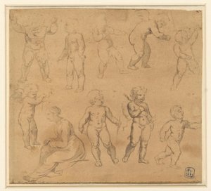 Nueve estudios de putti y una mujer sentada a la izquierda de Anonymous