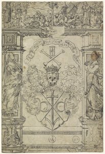 Diseño para una vidriera con un escudo, las figuras Fides y Spes, y Moisés y la serpiente de cobre
