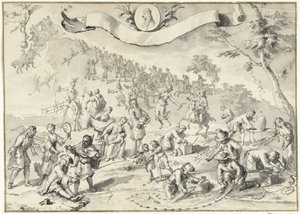 Dibujo para el grabado La avaricia intenta superar a la Fortuna, 1720
La gran escena de la locura (título de la serie) de Anonymous