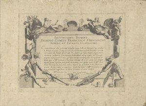Cartouche ornamenteel met opdracht aan de schilder Francesco Crescenzi Un caballo, en el que se encuentra el más noble de todos los tipos: un personaje distinguido de caballos de varias partes del mundo seleccionados (...) (título de la serie sobre el obje