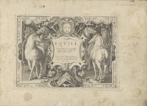Cartouche ornamenteel met titel geflankeerd puerta paarden Un caballo, en el que se encuentra el más noble de todos los tipos: un personaje distinguido de caballos de varias partes del mundo seleccionados (...) (título de la serie sobre el objeto)
