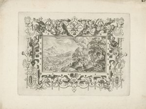 Ornamento Marco con volutas y figuras, en el que un paisaje con Venus y Adonis de Anonymous