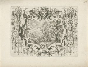 Ornamento Marco con volutas y figuras, en el que paisaje con el Buen Samaritano