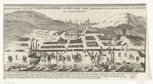 Inundaciones en Scheveningen el día de Todos los Santos, 1 de noviembre de 1570 Imagen del pueblo de Schevelinge según un cuadro antiguo colgado en Stadthuys en La Haya (título sobre objeto) de Anonymous