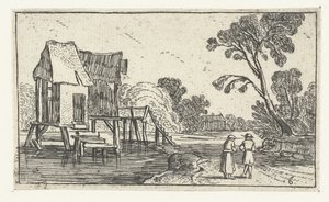 Camino a lo largo de un río con edificios sobre pilotes Paisajes después de Esaias van de Velde (título de la serie)