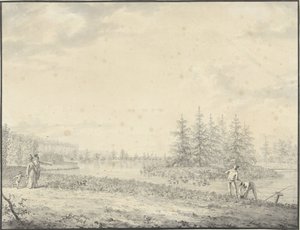 Paisaje del parque con caminantes y pescadores de Anonymous