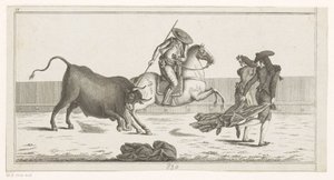 Picador clava su lanza en un toro Colección de las principales suertes de una corrida de toros (título de serie sobre objeto) Colección de las maniobras taurinas más importantes (título de la serie) de Anonymous