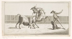 Picador clava su lanza en un toro Colección de las principales suertes de una corrida de toros (título de serie sobre objeto) Colección de las maniobras taurinas más importantes (título de la serie) de Anonymous